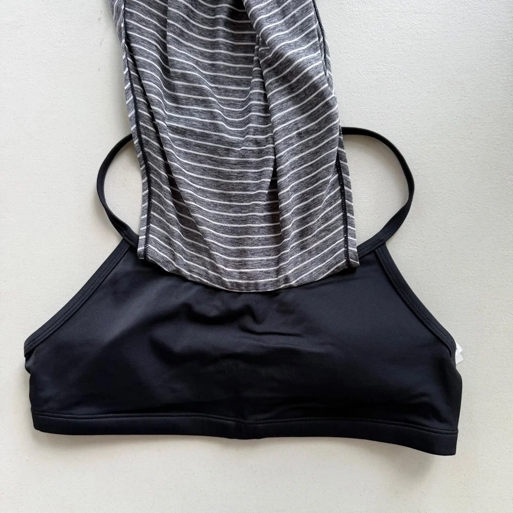 Nike Women L Grey Black Heather Stripe Layered Sport T-Back Tankini Top NESS8216